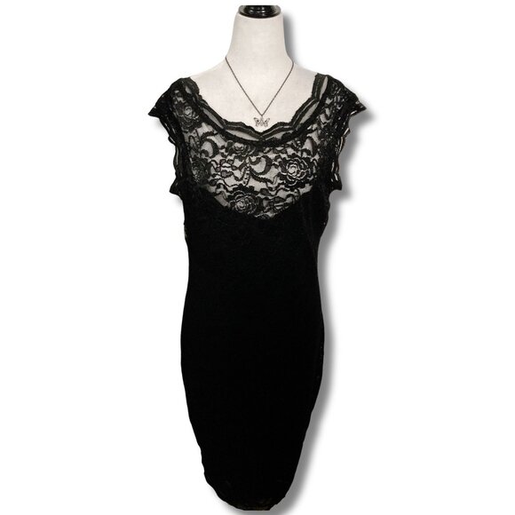 LE CHATEAU Black lace wiggle dress ~ Goth MEDIUM LARGE stretchy pencil dress - Picture 3 of 14